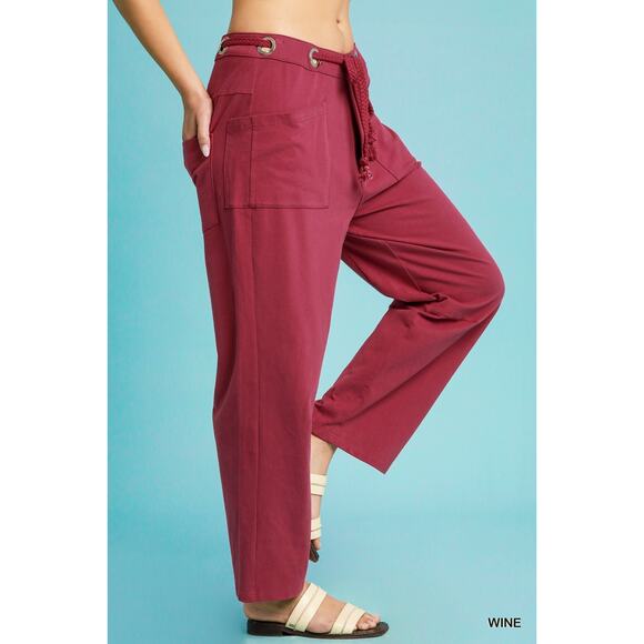 Umgee High Waist Adjustable Drawstring Casual Relaxed Fit Wide Leg Pants | Wine - Picture 3 of 5